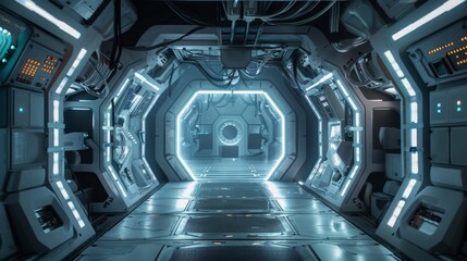 Poster - A futuristic spaceship corridor with glowing lights, showcasing a sleek and modern design.
