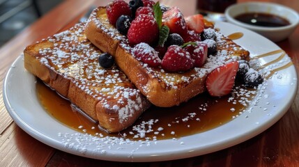 Poster - A plate of French toast topped with powdered sugar and berries, served with maple syrup on the side.