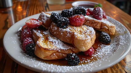 Poster - A plate of French toast topped with powdered sugar and berries, served with maple syrup on the side.