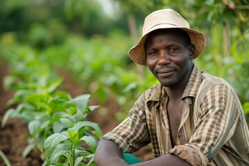 Poster - Content african farmer with a hat, resting and smiling in lush green crop field