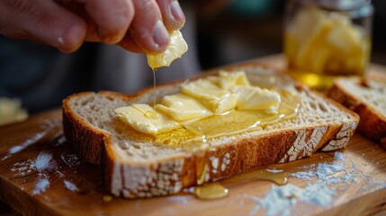 Poster - A person spreading butter on a slice of warm, toasted bread, with melted butter dripping down the edges.