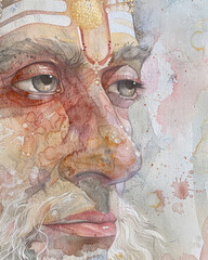 Watercolor close-up painting of Lord Brahma, with soft pinks, whites, and golds, capturing his wise and serene expression.