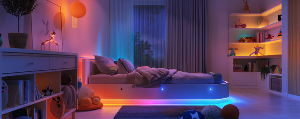 The magical ambiance of a modern children's room decorated with LED strips, featuring a warm, colorful glow around the bed, shelves, and playful decor, enhancing the cheerful experience.