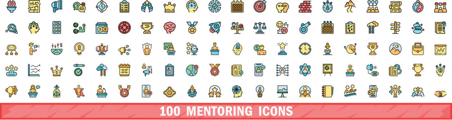 Poster - 100 mentoring icons set. Color line set of mentoring vector icons thin line color flat on white