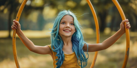 A young girl with blue hair playing with a hoop in a sunny park