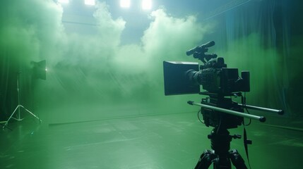Aufkleber - a film camera on a tripod sits in a green screen studio, ready to film. the studio is filled with sm