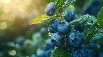 Macro shot of ripe blueberries covered in morning dew, glistening under sunlight, surrounded by green leaves.