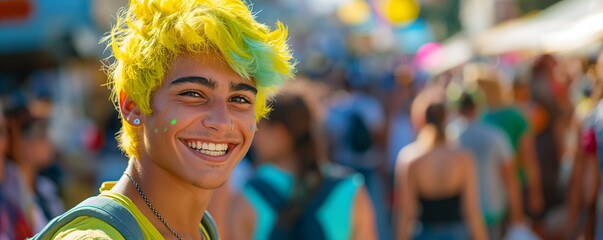 A young man with bright yellow and green hair smiling joyfully in a crowded festival setting