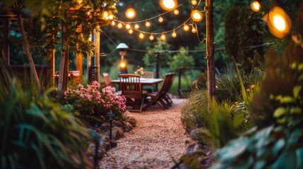 Poster - A string of fairy lights creating a warm, magical ambiance in an outdoor garden setting.