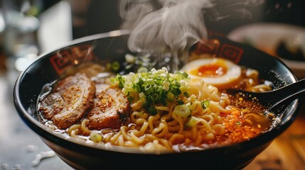 Wall Mural - Steaming Bowl of Ramen with Various Toppings in a Cozy Setting