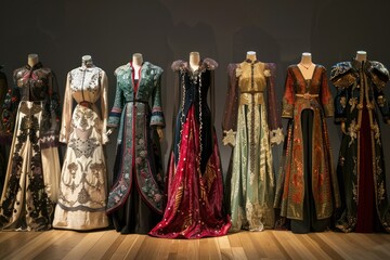 Wall Mural - Diverse array of ornate traditional dresses exhibited with artistic lighting