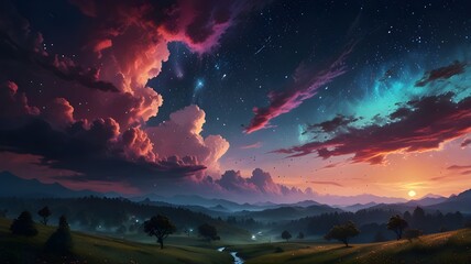 Wall Mural - anime fantasy wallpaper background concept : Dramatic orange and red hues paint the cloudscape at sunrise over the mountains, generative ai