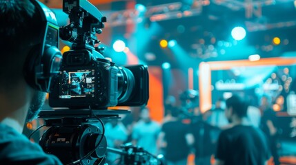 Aufkleber - a cameraman films an event, capturing the stage and performers under bright stage lights.