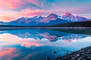 Wall Mural - Mountains reflecting in a crystal-clear lake at dawn, nature's beauty