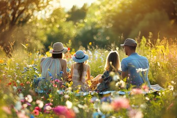 Wall Mural - Family having a picnic in a meadow with wildflowers, summer day