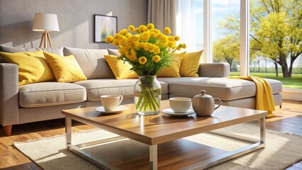 Serene ambiance of modern living room with vibrant yellow flowers in glass vases on coffee table against neutral background.