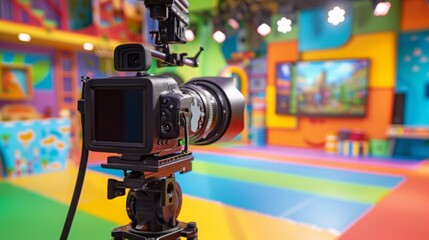 Poster - a professional video camera on a tripod is set up in a colorful studio with a large screen in the ba