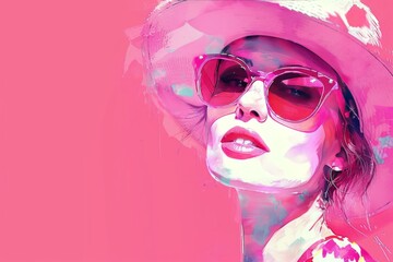 Sticker - Digital painting of an elegant woman in a hat and sunglasses, with a vibrant pink background