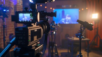 Poster - a professional video camera on a tripod, aimed at a screen showing footage with other equipment in t