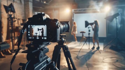 Aufkleber - a camera mounted on a tripod films a model posing in a studio setting.