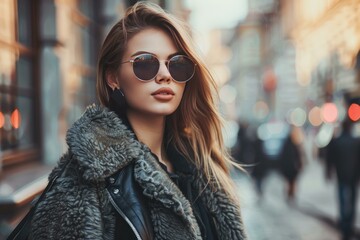 Canvas Print - Fashionable young woman in a chic jacket and sunglasses on an urban street backdrop