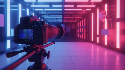 Wall Mural - A camera on a tripod is set up in a studio with neon blue and red lighting. The camera lens is facing a hallway with more neon lights.