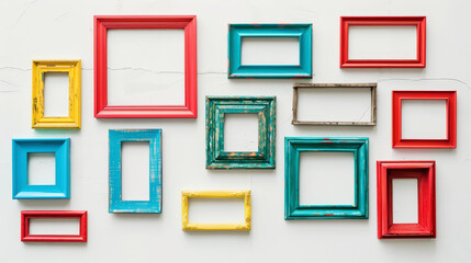 Aesthetic set of empty vintage picture frames of different shapes, bright colors, layout, white backdrop. Generative AI