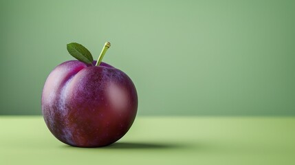 Canvas Print - A single plum with a leaf on a green background.