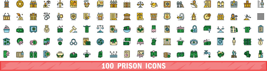 Wall Mural - 100 prison icons set. Color line set of prison vector icons thin line color flat on white