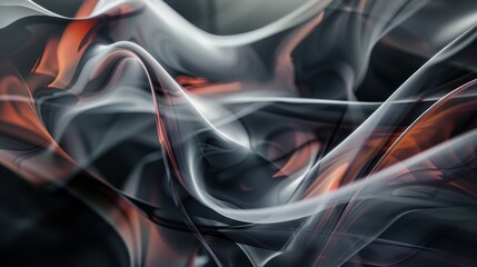 Poster - Abstract composition of smoke or mist with dynamic, swirling patterns. The predominant colors are shades of black, gray, and orange
