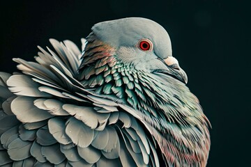 Poster - Closeup of a pigeon with iridescent feathers against a dark background