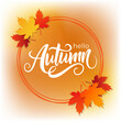 © FineVector - Hello Autumn. Hand lettering and maple leaves for Fall season graphic design. Vector illustration.