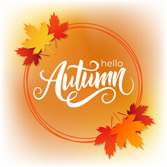 Hello Autumn. Hand lettering and maple leaves for Fall season graphic design. Vector illustration.	