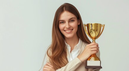 A smiling young caucasian woman in a casual attire holds a gold trophy, her eyes shining with pride. The image captures the essence of victory and the rewards of dedication.