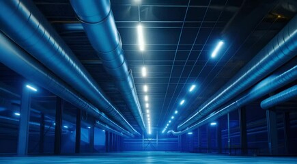 Canvas Print - Interior of an industrial facility with large ventilation ducts, illuminated by bright lights, showcasing an expansive and modern infrastructure.