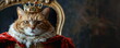 © Vasiliy - Cat wearing a crown and royal robe sitting on a throne. Greeting card, banner, template with copy space