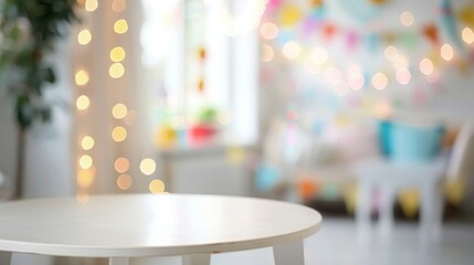 Poster - A white table sits in the foreground with a blurry background showing a decorated room with colorful lights and festive decorations.