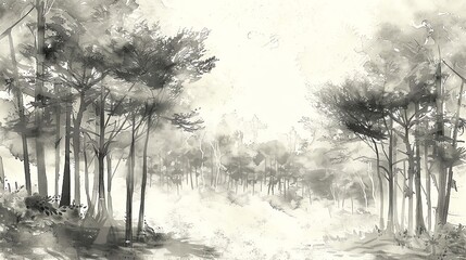  A misty forest scene painted in grayscale.