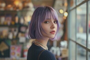 Young woman with a purple bob haircut, looking out of a window in a cozy cafe