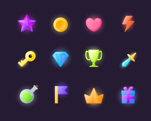 Poster - Cartoon Color Games Icons Set Concept Flat Design Style Include of Heart, Star, Beverage and Key. Vector illustration