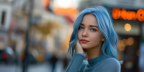 Young woman with blue hair leaning on her hand, city street background. Creative background for banner or poster with copy space