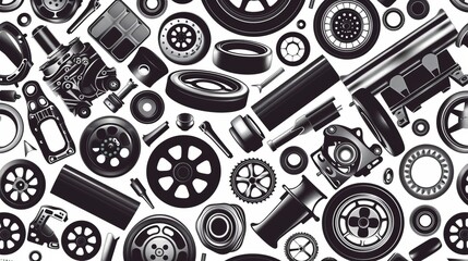 Pattern of automobile car parts in seamless design, featuring black and white monochrome elements as background.