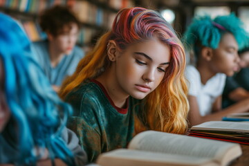 Teenage girl with vibrant hair reading in a library