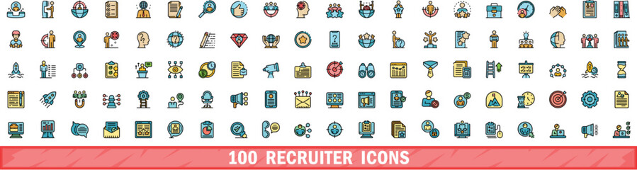 Poster - 100 recruiter icons set. color line set of recruiter vector icons thin line color flat on white