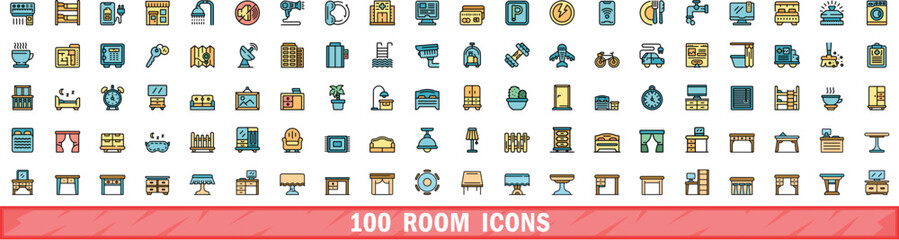 Poster - 100 room icons set. Color line set of room vector icons thin line color flat on white