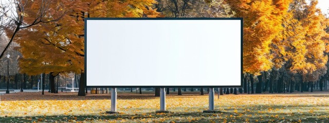 A large white billboard sits in a park with trees in the background. The billboard is empty, but it is surrounded by autumn leaves, giving the scene a peaceful and serene atmosphere