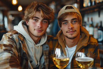 Happy gay couple drinking wine at a bar