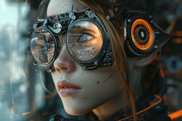 Poster - Closeup of a young woman with advanced, cybernetic optical goggles, concept of future technology