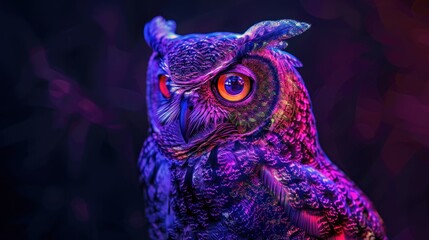 Poster - A Closeup View of an Owls Head Illuminated with Vibrant Hues of Purple and Orange