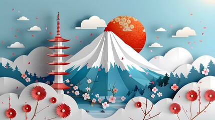 Wall Mural - Japanese Paper Art Illustration With Mountain, Pagoda And Cherry Blossoms